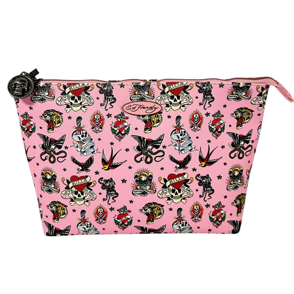 Ed Hardy Pink Tattoo Print Makeup Bag Skulls Tigers Pouch NWT